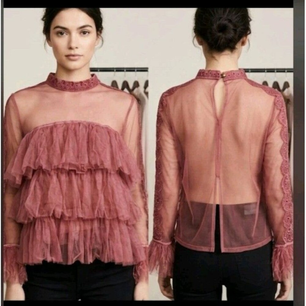 Ups & Downs Mauve Pink Mesh Long Sleeves Ruffle Blouse Size M